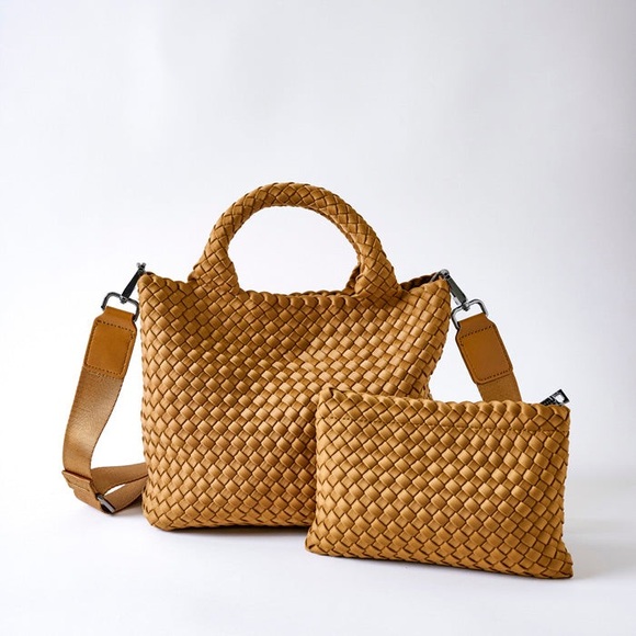 Anthropologie Handbags - Anthropologie Sol and Selene Sky's The Limit Small Tan Woven Crossbody Bag